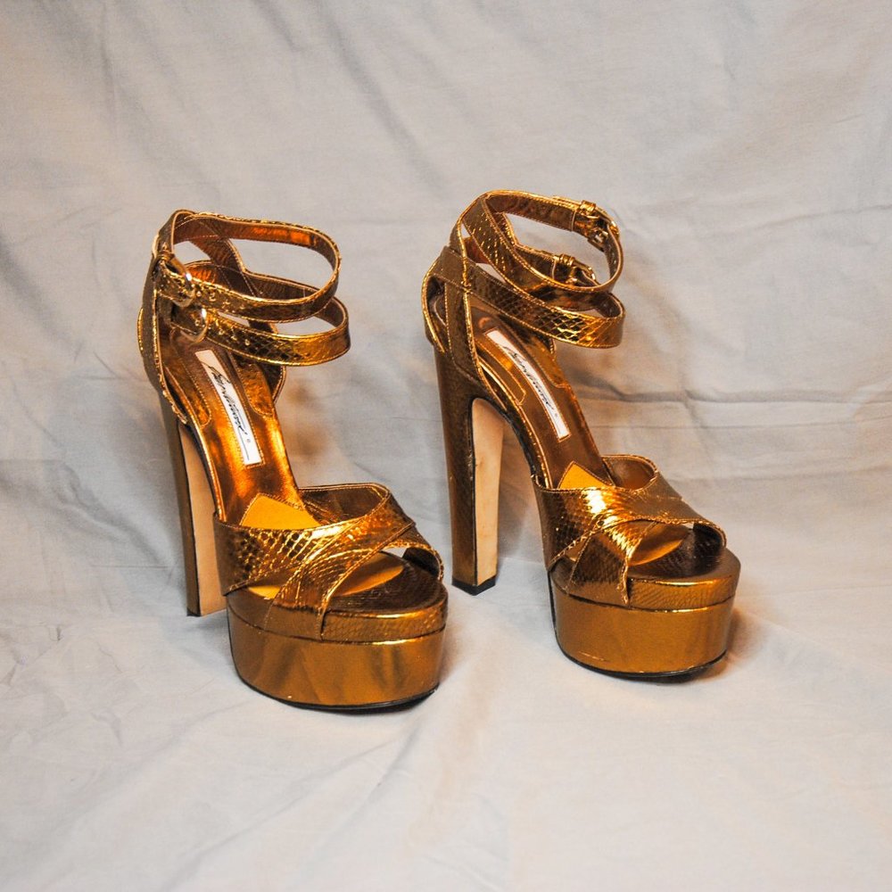Brian Atwood Gold Snake Platform Sandals Size 38